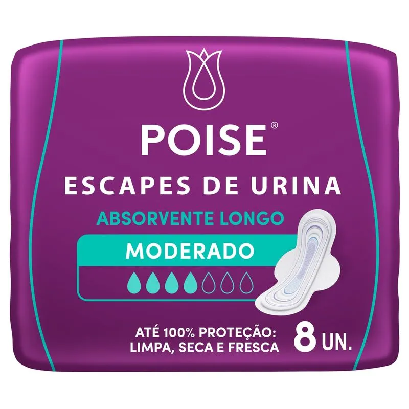 Absorvente Poise Escapes de Urina Longo com Abas Fluxo Moderado 8 Unidades