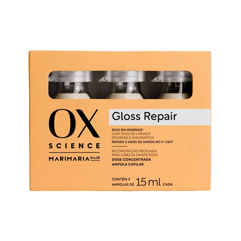 Ampola De Reconstrução Capilar Mari Maria Hair Ox Dose Concentrada Com Óleo De Linhaça Dourada E Niacinamida Science Gloss Repair 3 Unidades 15ml Cada