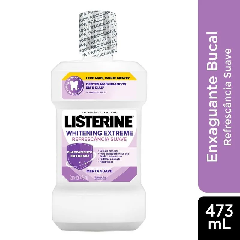 Antisséptico Bucal Listerine Whitening Extreme Refrescância Suave Sabor Menta Suave 473ml