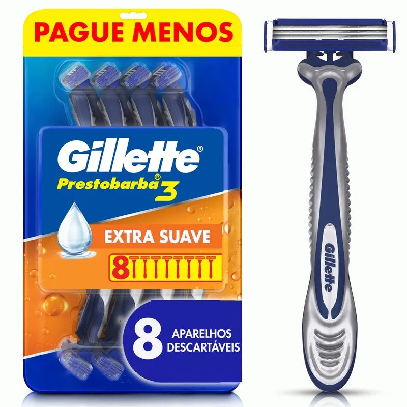 Aparelho de Barbear Descartável Gillette Prestobarba3 com 3 Lâminas 8 Unidades