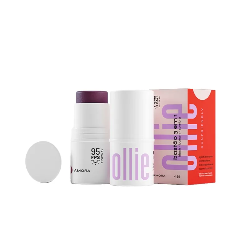 Protetor Solar em Bastão 3 em 1 Ollie Blush Batom e Sombra FPS95 Amora 4,5g