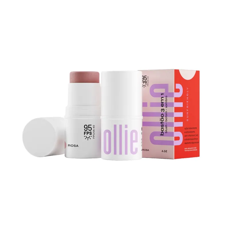 Protetor Solar em Bastão 3 em 1 Ollie Blush, Batom e Sombra FPS95 Rosa 4,5g