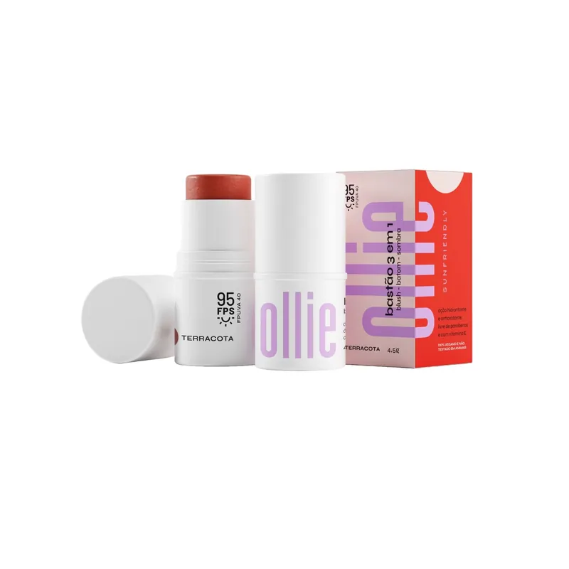 Protetor Solar em Bastão 3 em 1 Ollie Blush, Batom e Sombra FPS95 Terracota 4,5g