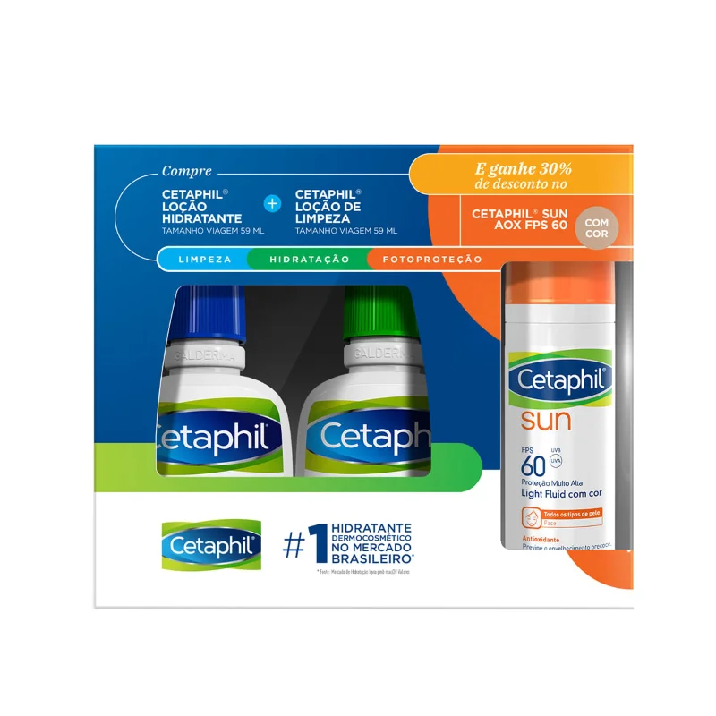 Kit Cetaphil Loção Hidratante 59ml + Cetaphil Loção De Limpeza 59ml + Cetaphil Sun Fps 60 Com Cor 50ml Com Preço Especial Tamanho Viagem