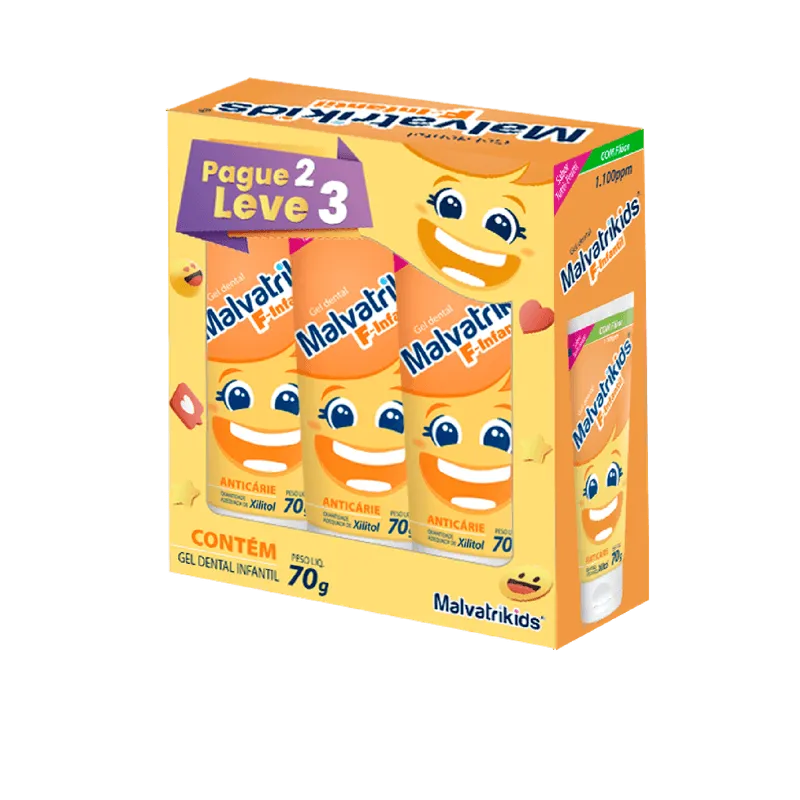 Kit Gel Dental Infantil Malvatrikids F-Infantil Anticáries Sabor Tutti Frutti 70g 3 Unidades Leve 3 Pague 2