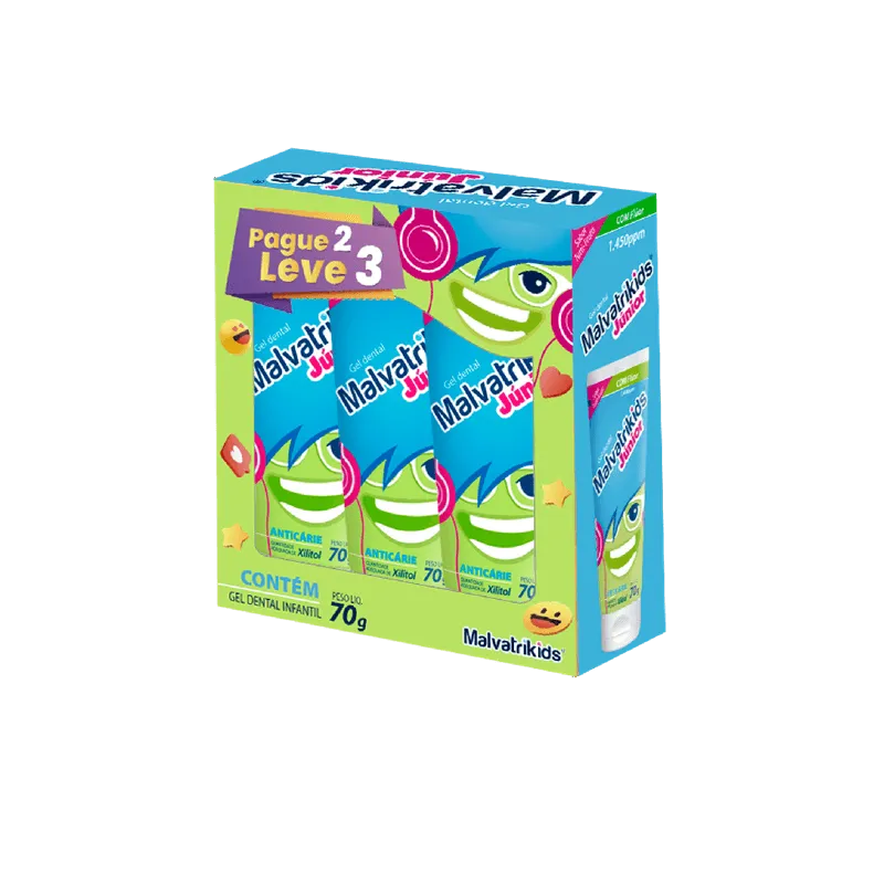 Kit Gel Dental Infantil Malvatrikids Júnior Anticáries +7 anos 70g 3 Unidades Leve 3 Pague 2