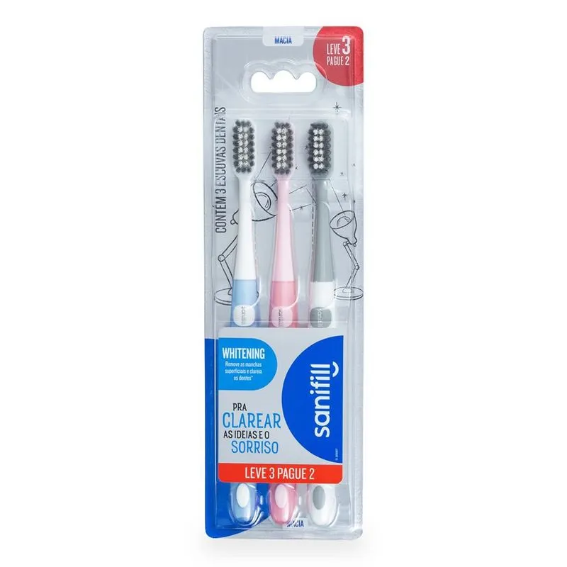 Escova Dental Sanifill Whitening Cerdas Macia Cores Sortidas 3 Unidades
