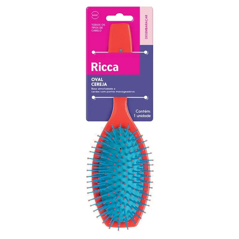 Escova de Cabelo Ricca 2426 Oval Cereja Almofadada Cerdas Nylon Plástico 1 Unidade