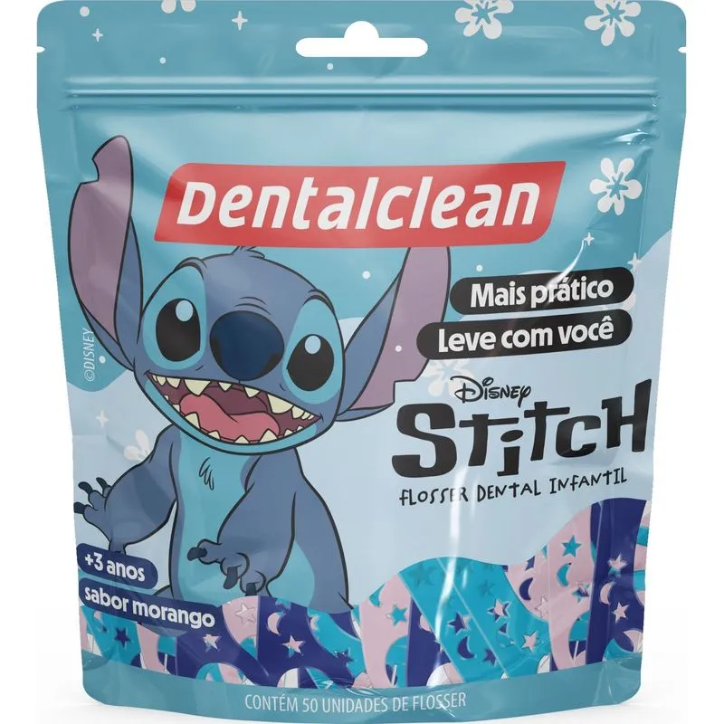 Fio Dental Stitch Infantil Com Cabo Morango 50 Unidades Dental Clean