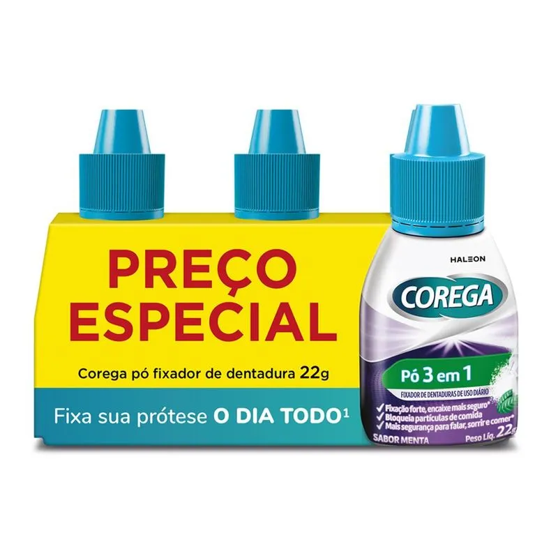 Kit Fixador de Prótese Corega 3 em 1 Fixação Forte Sabor Menta Pó 22g 3 Unidades