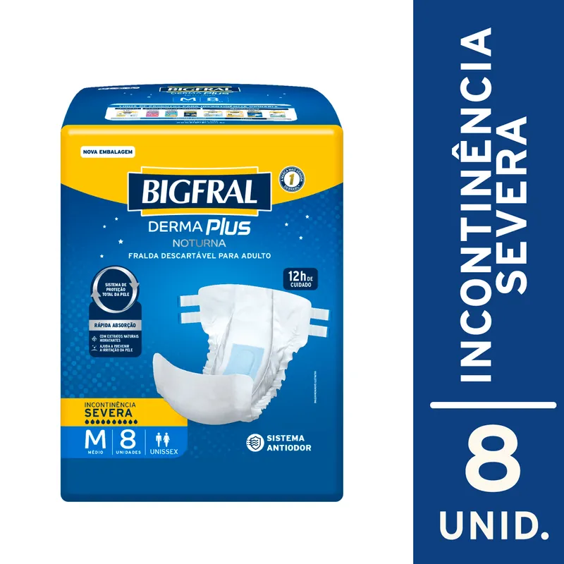 Fralda Geriátrica Descartável Bigfral Derma Plus Noturna Incontinência Urinária Severa M 8 Unidades