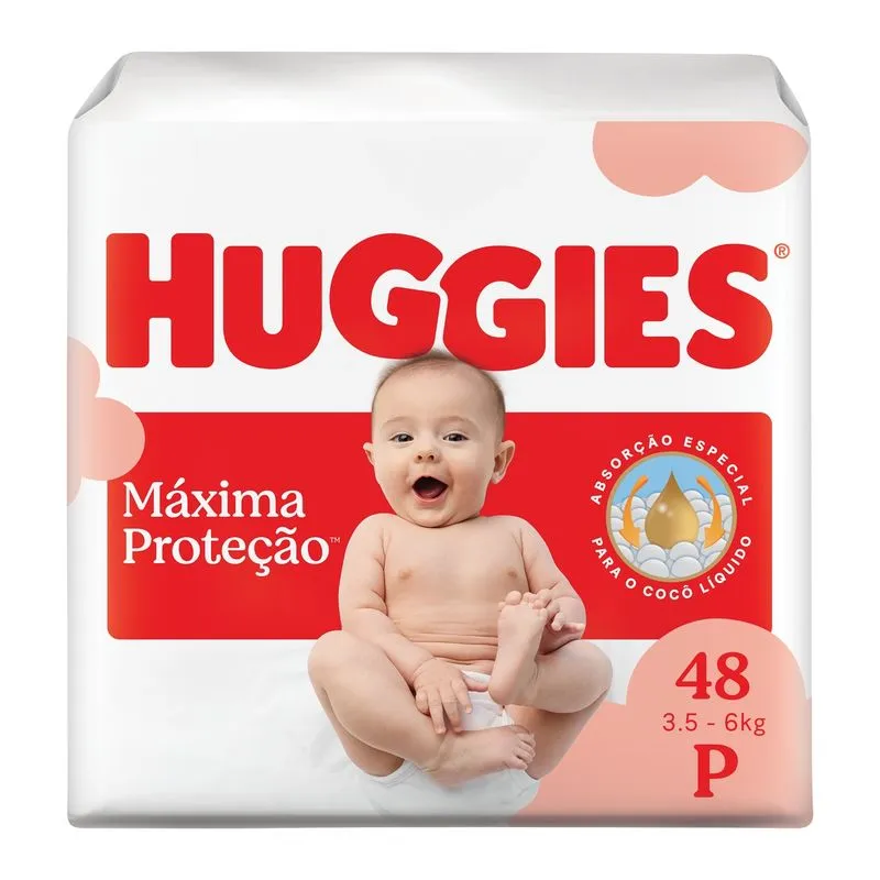 Fralda Descartável Huggies Máxima Proteção Tamanho P 48 unidades – com absorção especial para cocô líquido e indicador de troca.