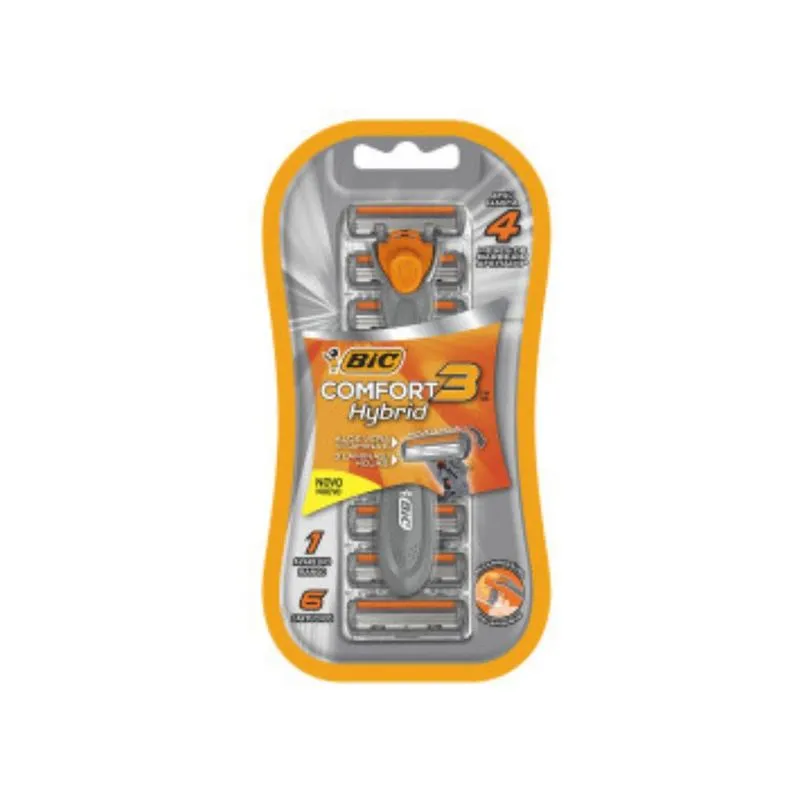 Kit Aparelho de Barbear Recarregável Bic Hybrid 3 Comfort 1 Unidade + 6 Cartuchos
