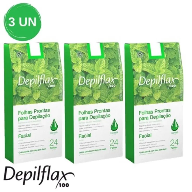 Kit C/ 3 Caixas De Folhas Para Depilação Facial Hortelã Depilflax C/24 Unid Cada
