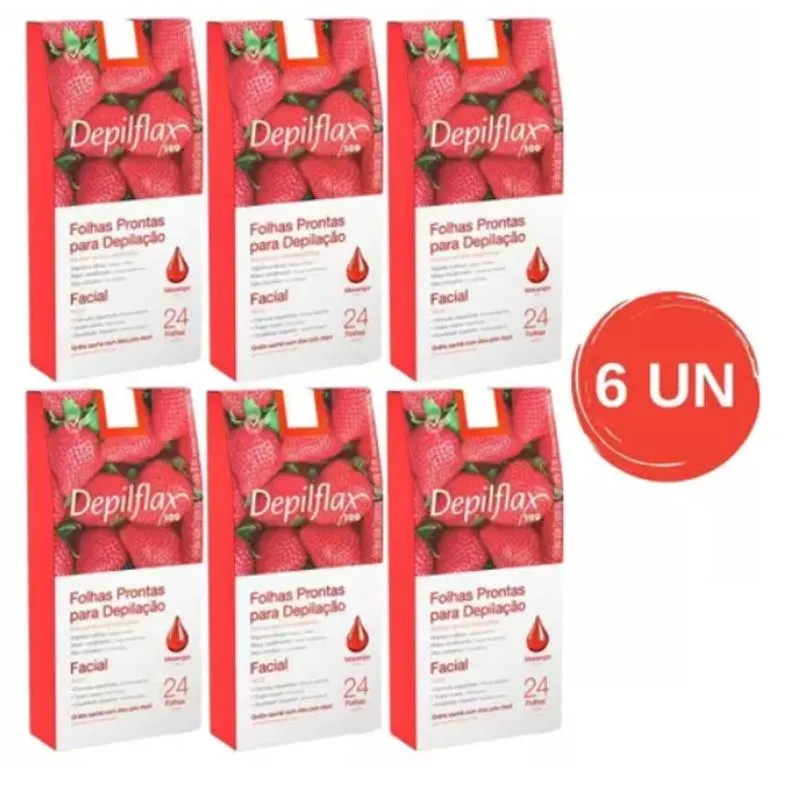 Kit C/ 6 Caixas De Folhas Para Depilação Facial Morango Depilflax C/24 Unid Cada