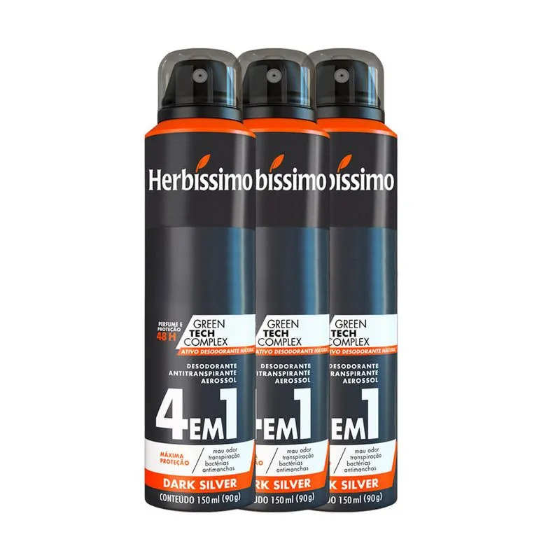 Kit Desodorante Aerosol Antitranspirante Herbíssimo Dark Silver 150Ml com 3 Unidades