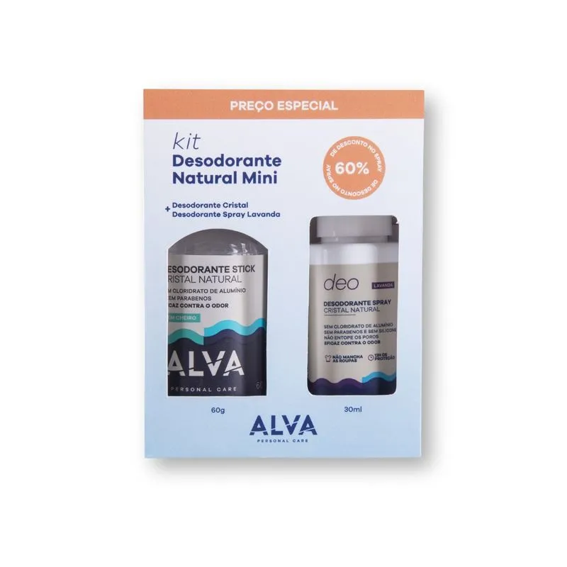 Kit Desodorante Natural Mini Desodorante Natural Alva Cristal 60g 1 Uni + Desodorante Alva Lavanda Spray 30ml 1 Uni