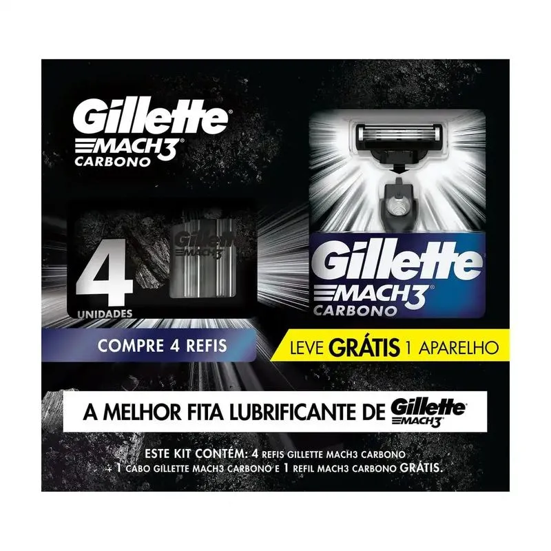 Kit Gillette Mach3 4 Cargas Para Barbear Carbono + Grátis 1 Aparelho