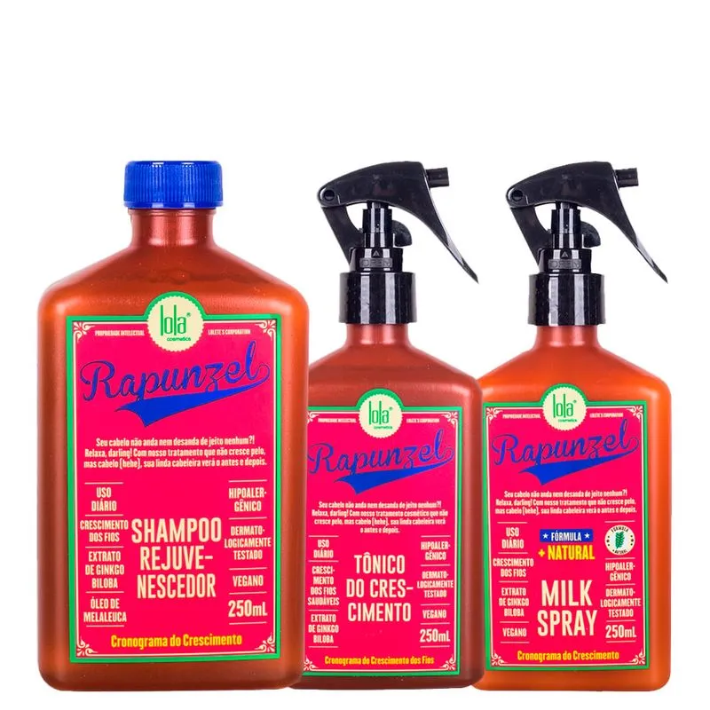 Kit Lola Cosmetics Crescimento Rapunzel - Shampoo 250ml + Tônico Capilar de Crescimento 250ml + Leave-In Spray 250ml