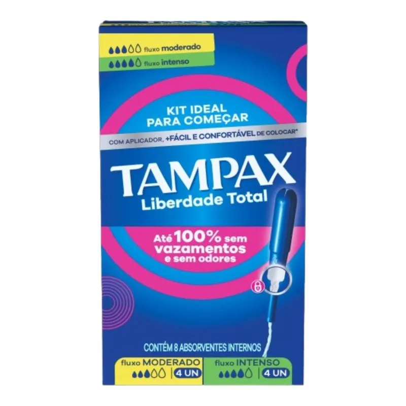 Kit Tampax Absorvente Interno Liberdade Total Fluxo Moderado 4 Unidades + Absorvente Interno Liberdade Total Fluxo Intenso 4 Unidades