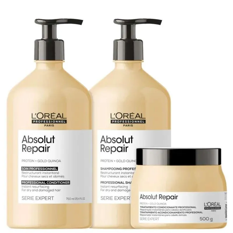 L'Oréal Professionnel Absolut Repair Gold Quinoa Shampoo 750ml - Condicionador 750ml - Máscara 500g