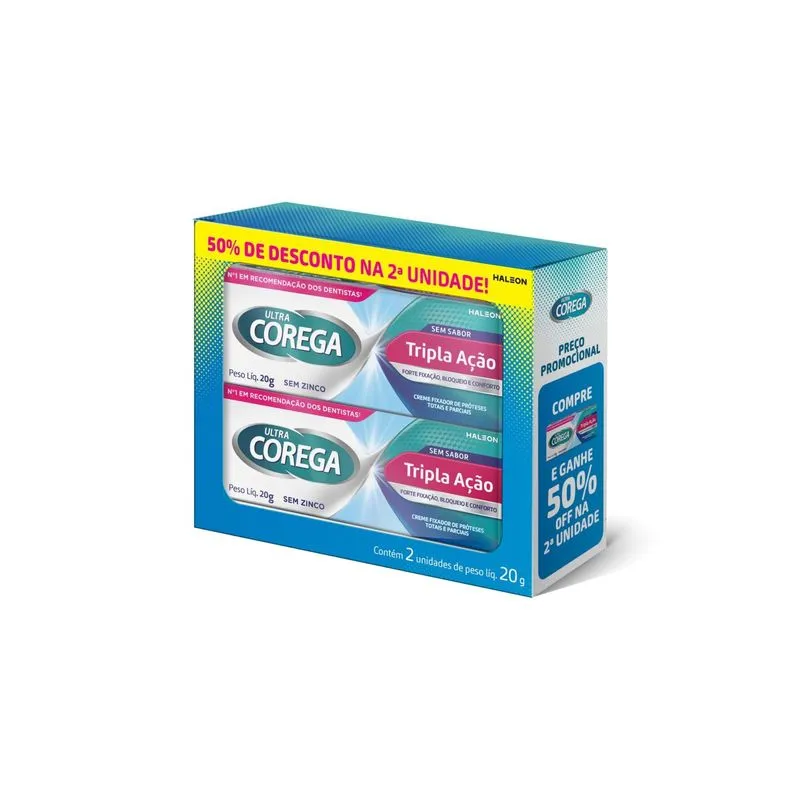 Pack Fixador De Dentadura Creme Sem Sabor Ultra Corega Tripla Ação 2 Unidades 20g Cada