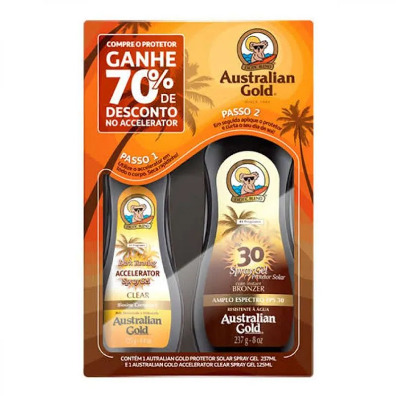 Kit Passo 1 Bronzeador Dark Tanning Acellerator Clear 125ml 1 Unidade + Passo2: Protetor Solar Australian Gold Bronzer FPS30 237ml 1 Unidade