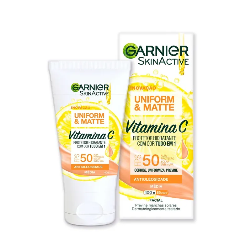 Protetor Solar Facial Garnier Uniform & Matte Hidratante Vitamina C FPS50 Cor Média 40g