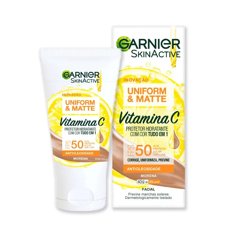Protetor Solar Facial Garnier Uniform & Matte Hidratante Vitamina C FPS50 Cor Morena 40g