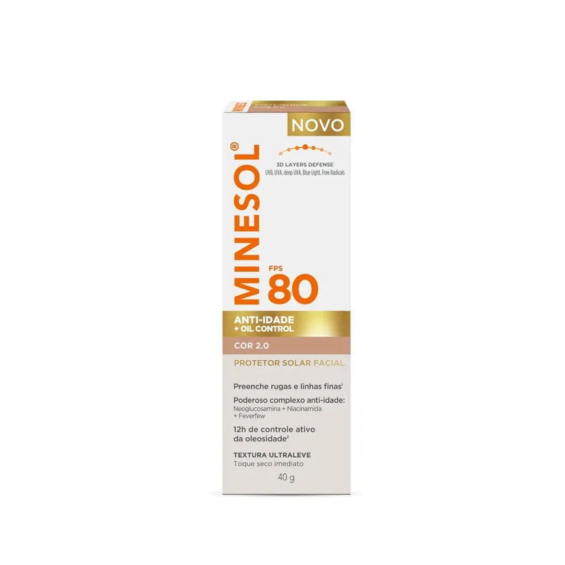 Protetor Solar Facial Minesol Anti-Idade + Oil Control Cor 2.0 Fps80 40g
