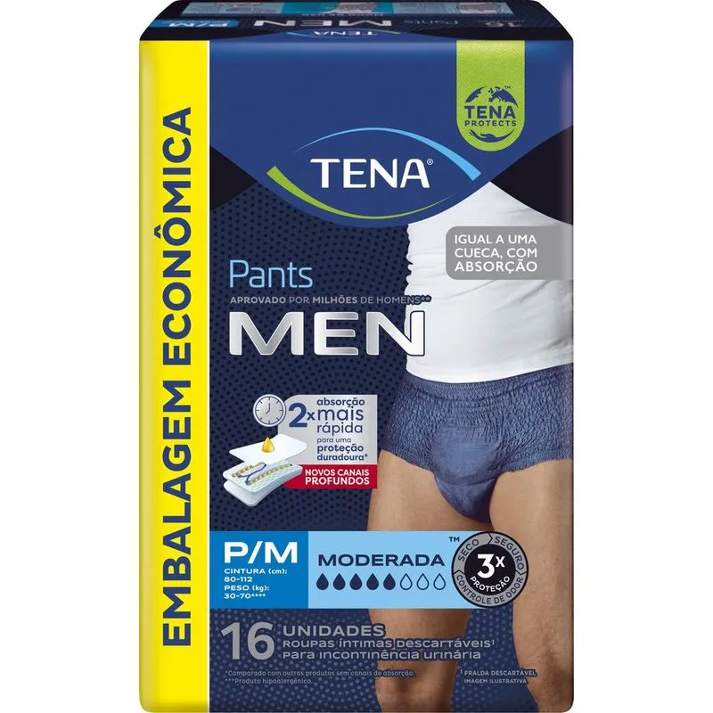 Roupa Íntima Descartável Tena Pants Men Incontinência Urinária Moderada P/M 16 Unidades