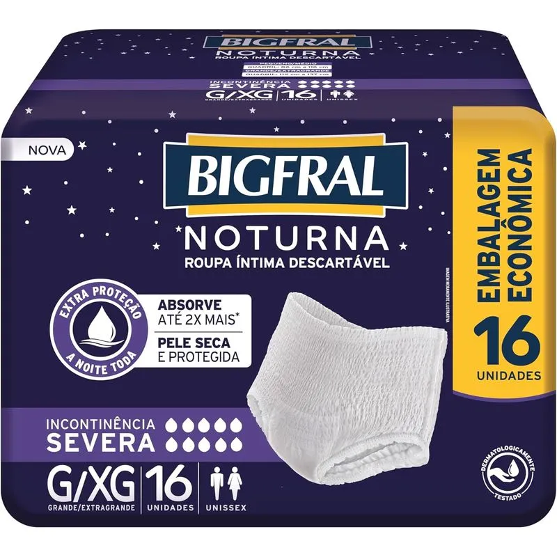 Roupa Íntima Descartável Bigfral Noturna Incontinência Severa Tamanho G/XG 16 Unidades