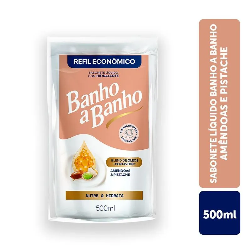 Sabonete Líquido Com Hidratante Banho A Banho Amêndoas, Pistache E Blend De Óleos E Pentavitin Sachê Refil Econômico 500ml