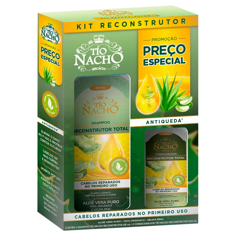 Kit Shampoo Tio Nacho Reconstrução Total Aloe Vera Puro 415ml 1 Uni + Condicionador Aloe Vera Puro 200ml 1 Uni
