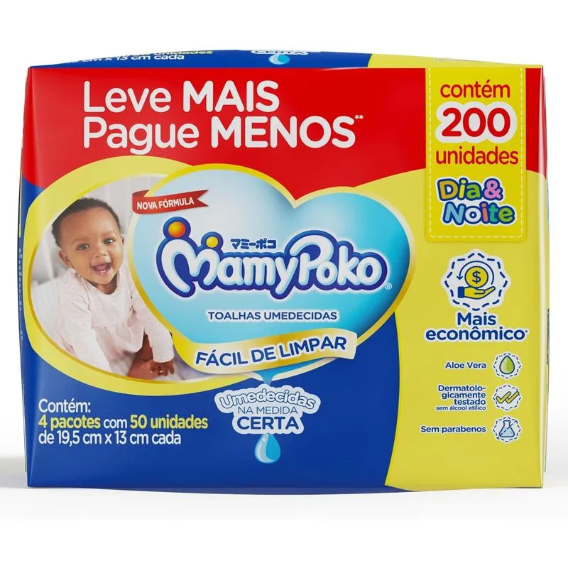 Toalhas Umedecidas MamyPoko Dia & Noite 200 Unidades Leve mais por Menos