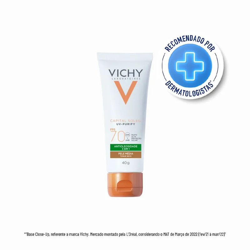 Protetor Solar Facial Vichy Capital Soleil UV-Purify FPS70 Antioleosidade 3 em 1 Cor Média 40g
